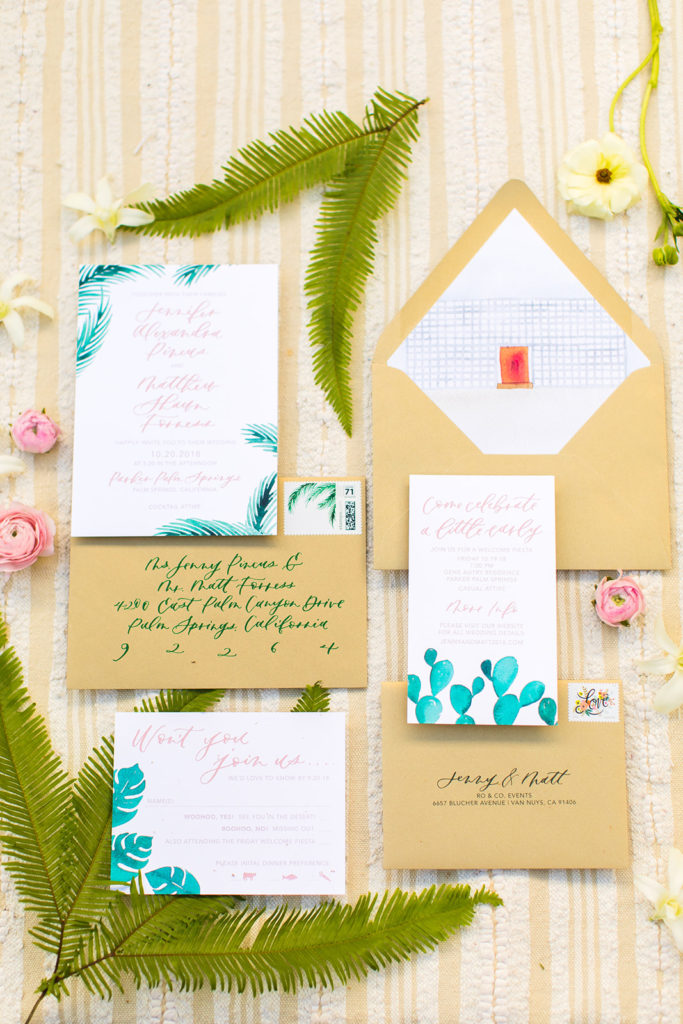 tropical wedding invitation flat lay for Parker Palm Springs