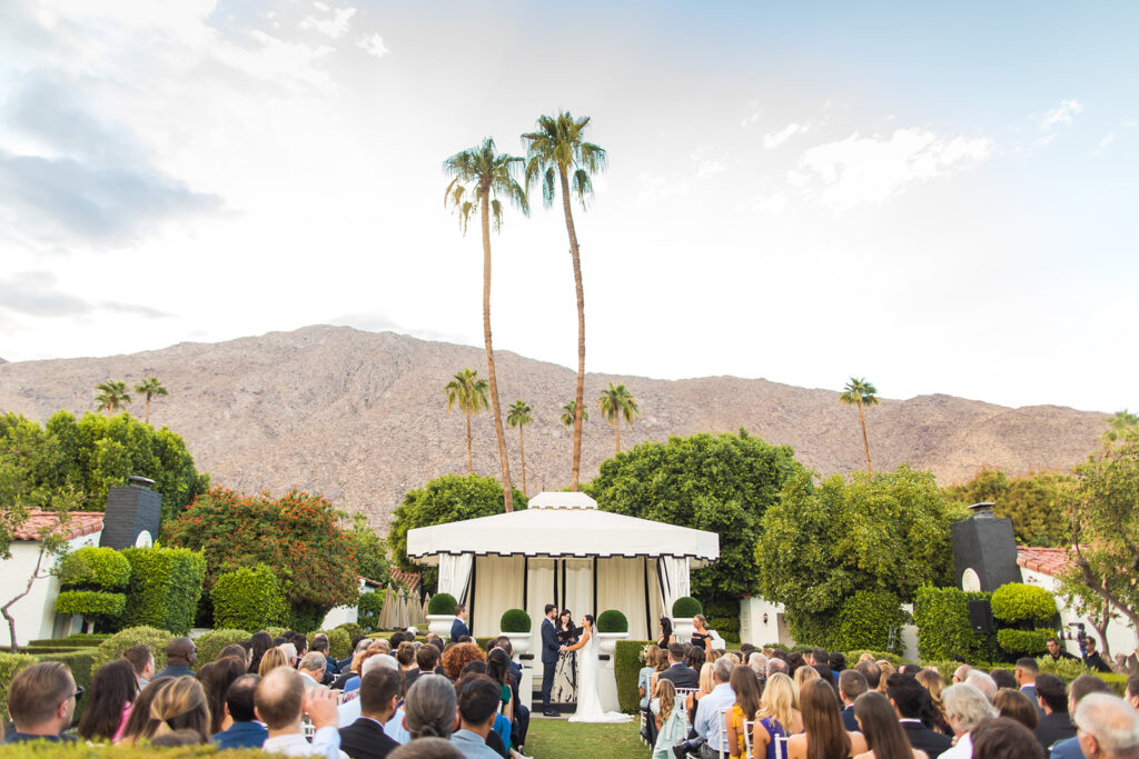 outdoor ceremony with modern tent at Avalon Palm Springs wedding venue