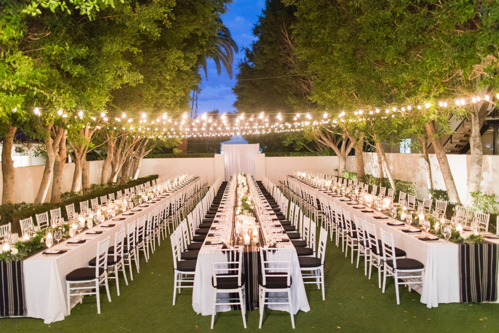 black and white wedding reception at Avalon Palm Springs outdoor venue